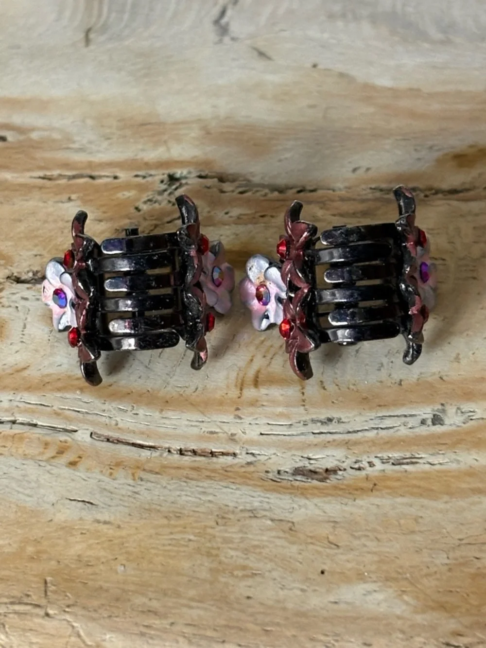 Black Floral Mini Hair Claw Clips with Pink Accents